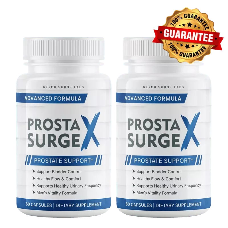Two bottles of Prosta Surge X with guarantee badge