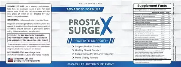 Prosta Surge X supplement facts label showing ingredients and dosage